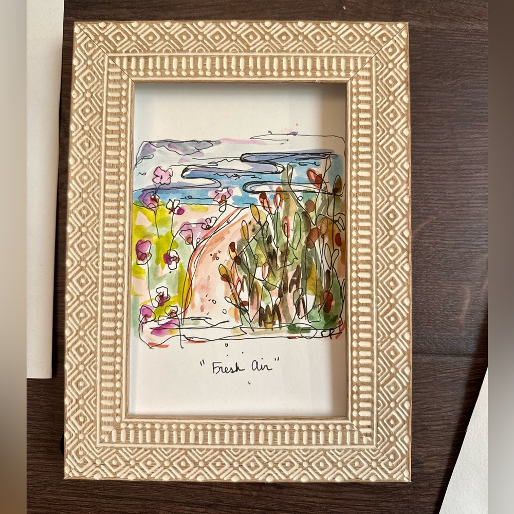 Original Watercolor Paint & Pen Art - Floral Beach Sand Dune Walk - Road Trip
